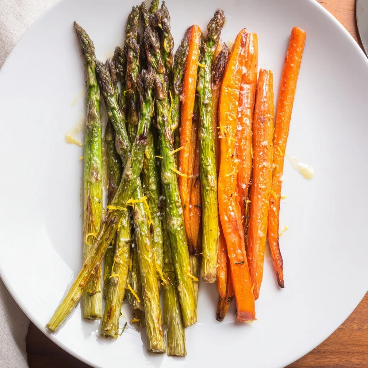 Roasted Asparagus Carrots with lemon zest, golden edges and olive oil.