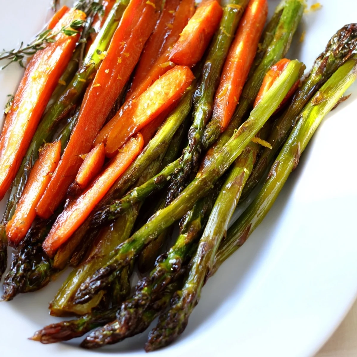 Warm Roasted Asparagus Carrots tossed with thyme, lemon juice, lightly browned.