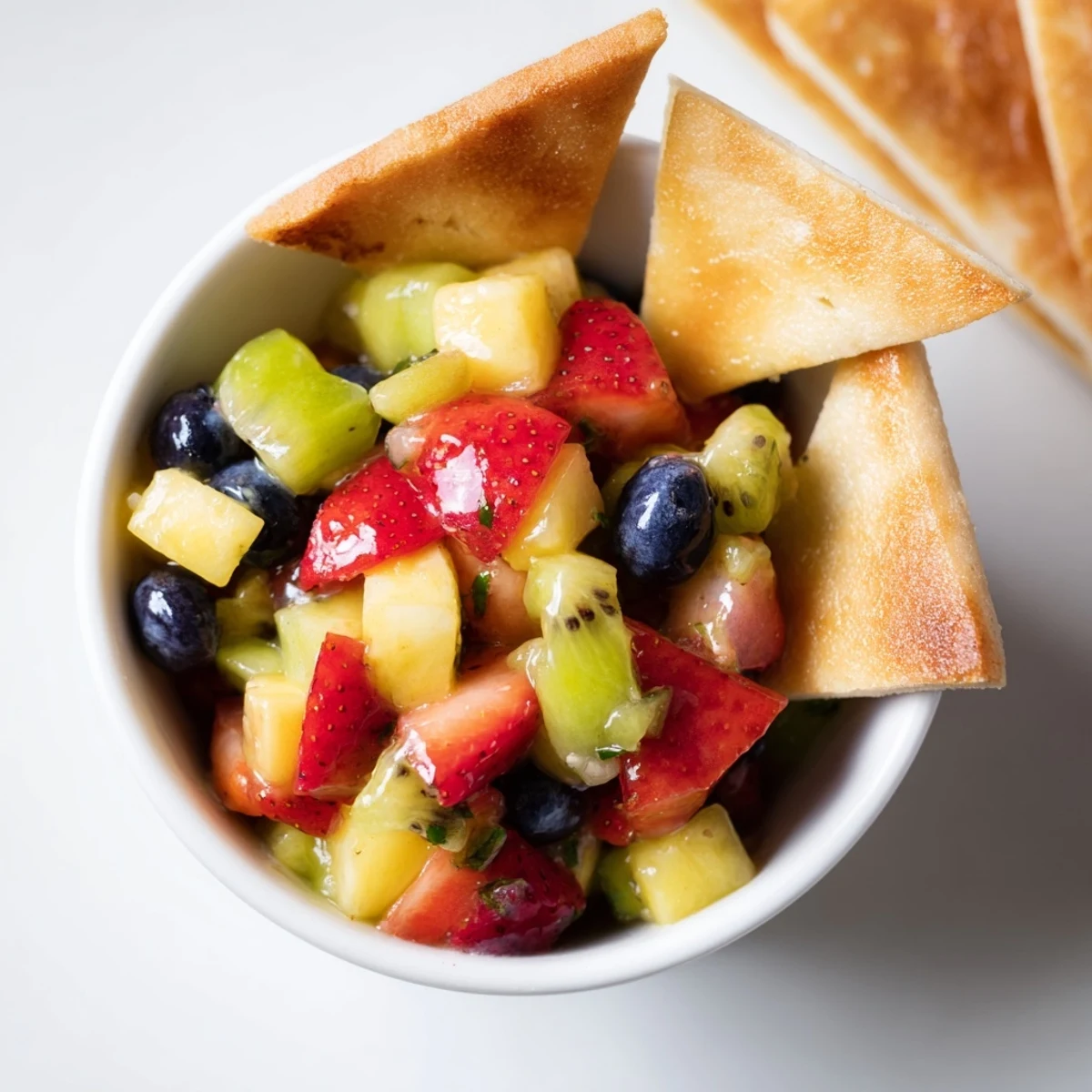 Fruit Salsa With Cinnamon Sugar Tortilla Chips served in a bowl, juicy, vibrant colors