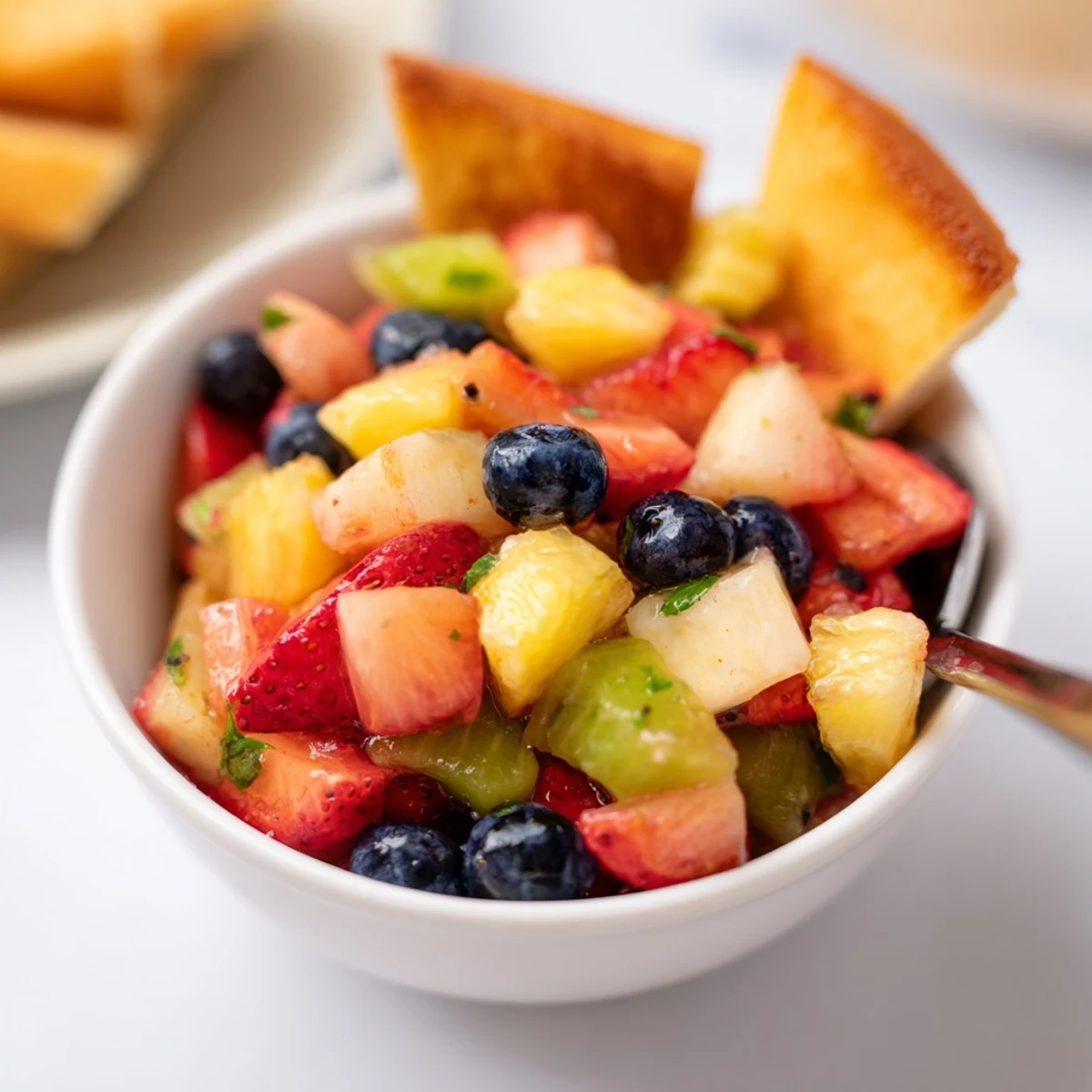 A chilled Fruit Salsa With Cinnamon Sugar Tortilla Chips platter, sweet and crunchy