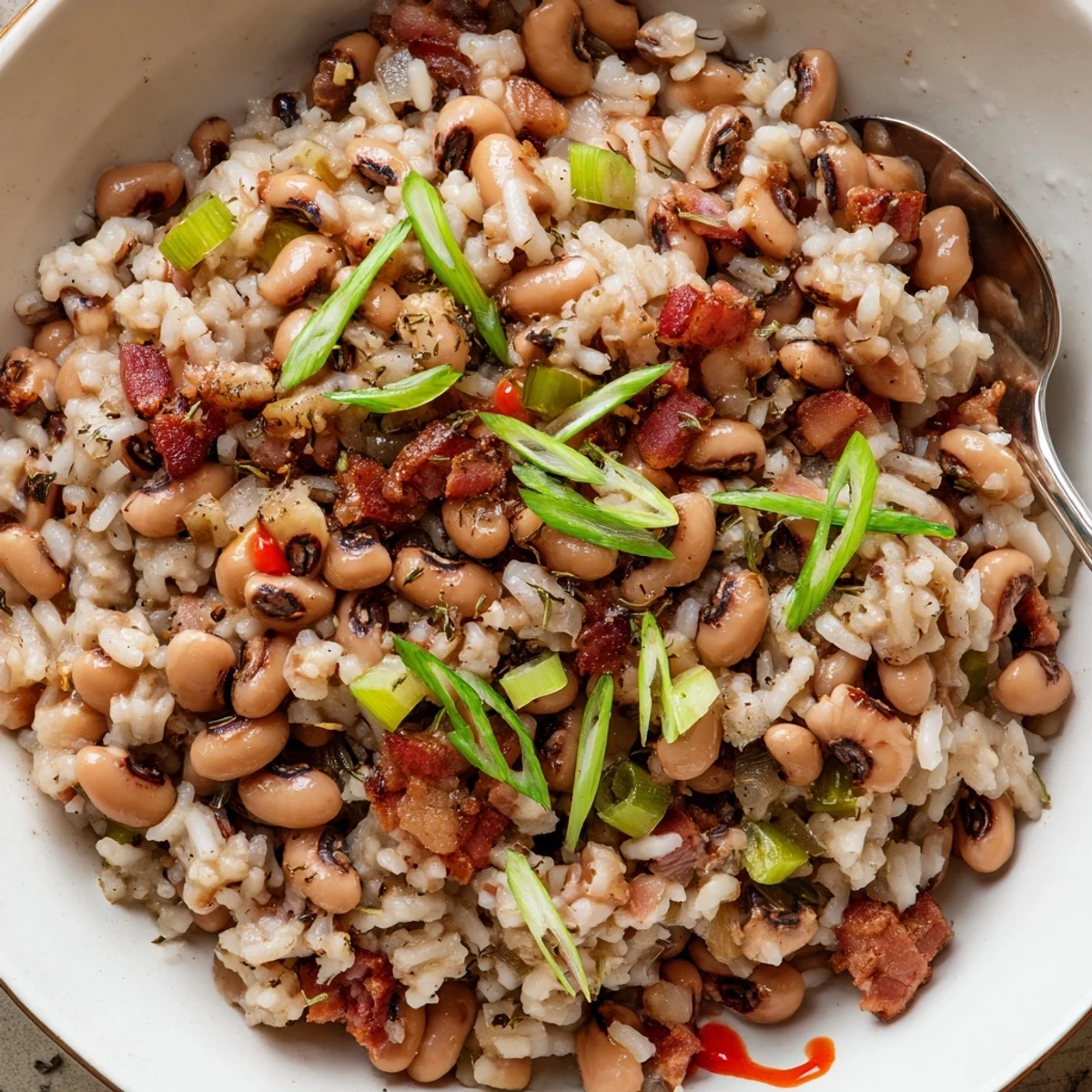 Hearty Smoky Southern Hoppin John steaming in a bowl, fluffy rice visible