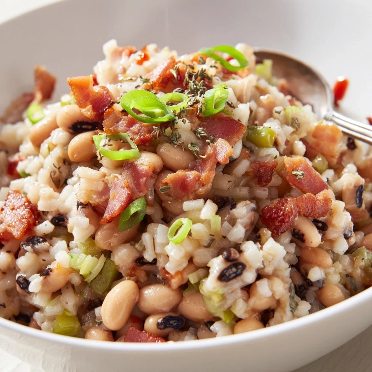 Spoonful of Hearty Smoky Southern Hoppin John with scallions and hot sauce