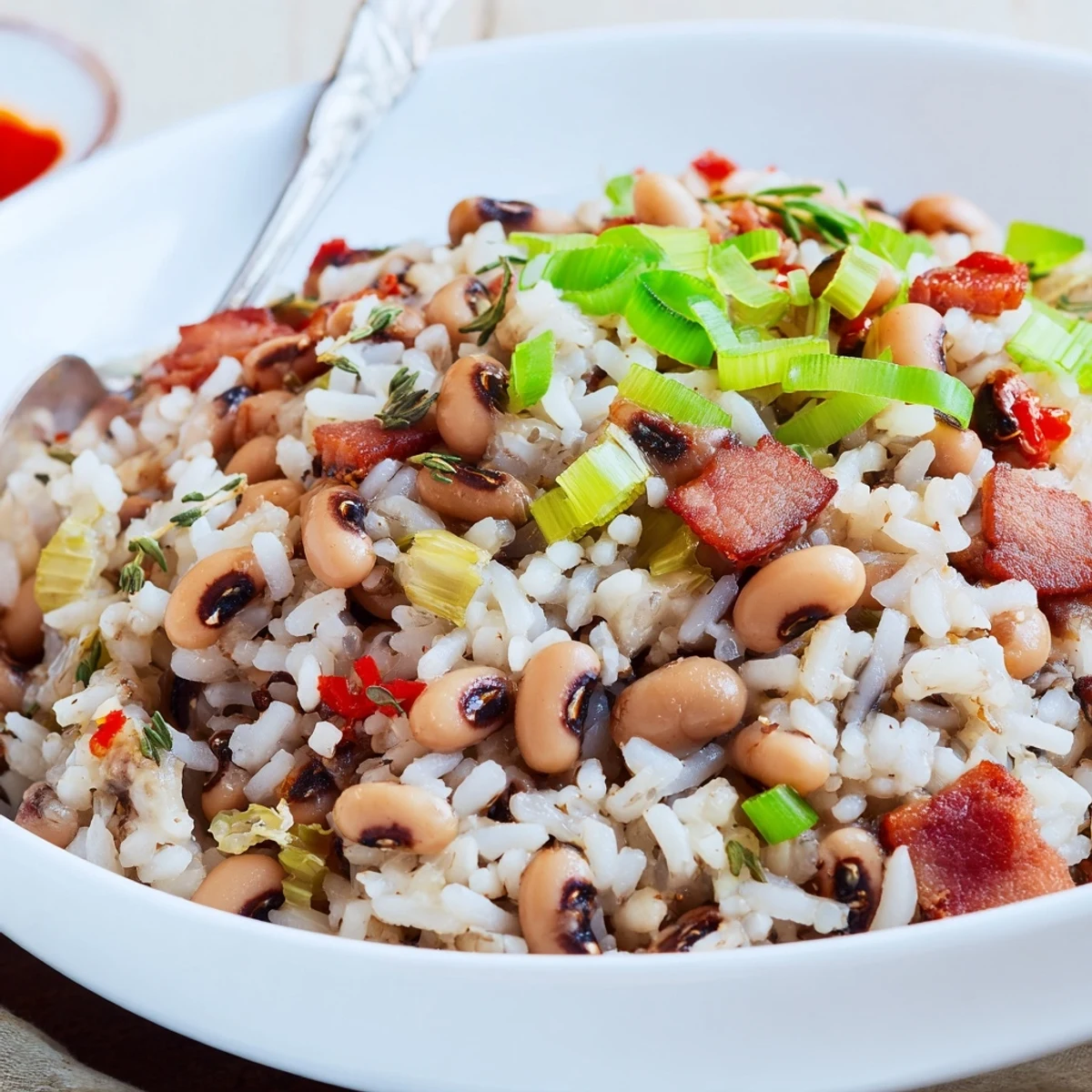 Hearty Smoky Southern Hoppin John plated with cornbread, tender peas and bacon
