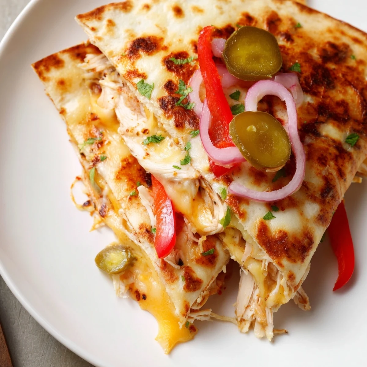 Spicy Crispy Grilled Chicken Quesadilla with gooey cheese and charred grill marks