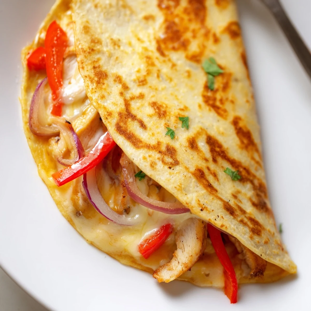 A Spicy Crispy Grilled Chicken Quesadilla sliced into wedges, served with salsa