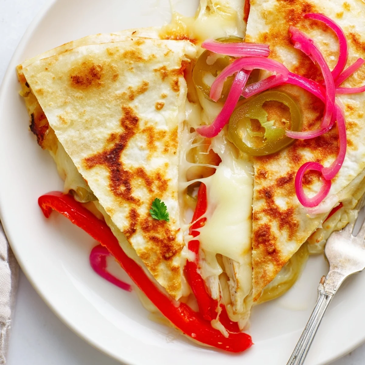 Serve Spicy Crispy Grilled Chicken Quesadilla hot with guacamole and sour cream