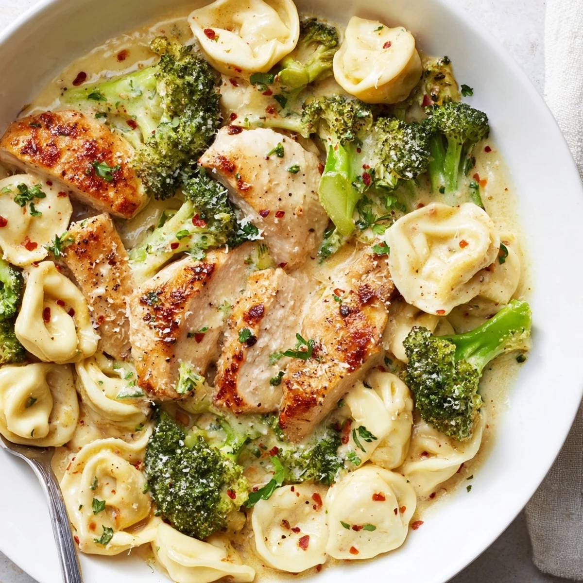 Bowl of Creamy Garlic Parmesan Tortellini Chicken Broccoli Recipe garnished with parsley, served hot