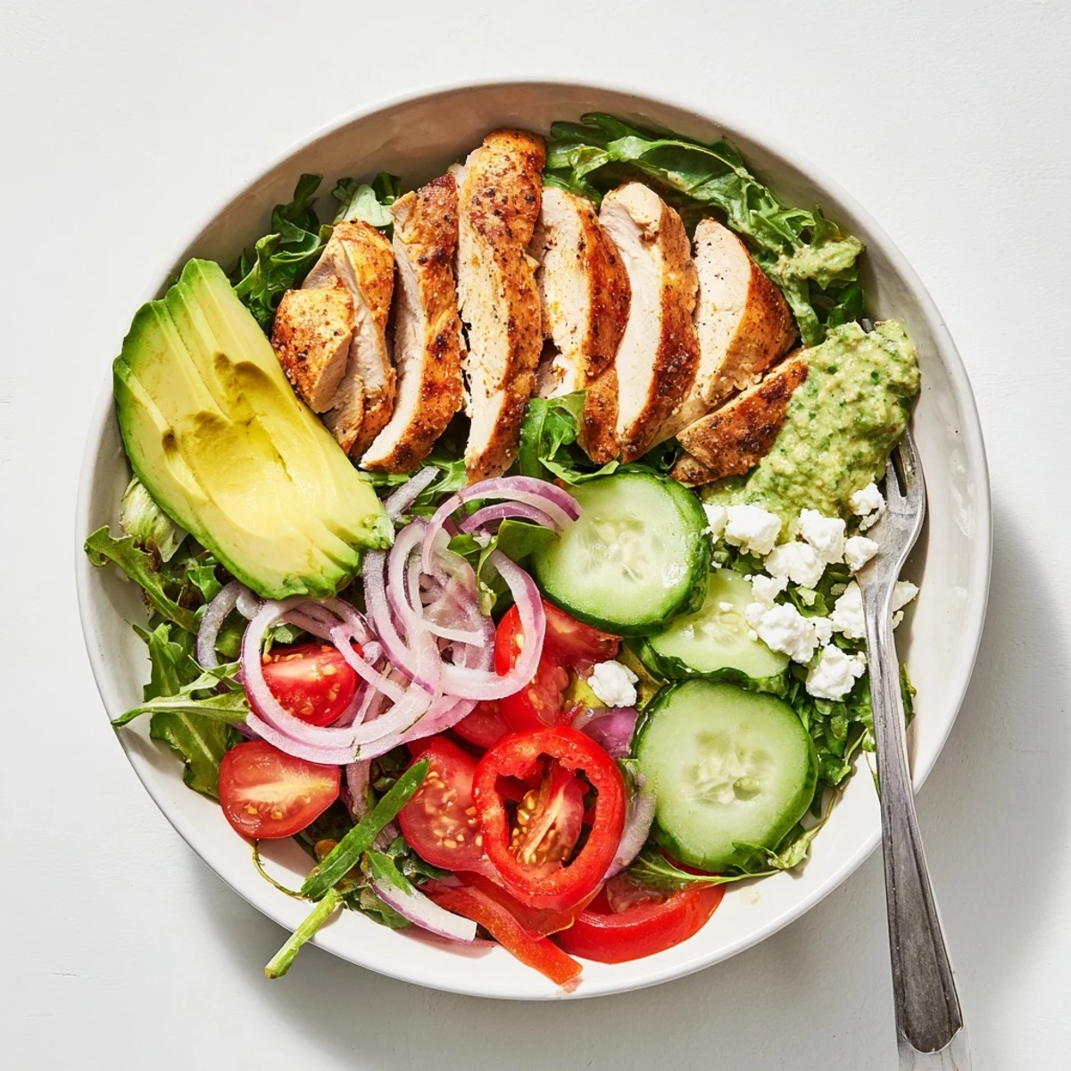 Close-up of Grilled Chicken Salad Avocado Herb Dressing Recipe showing juicy chicken, crisp vegetables