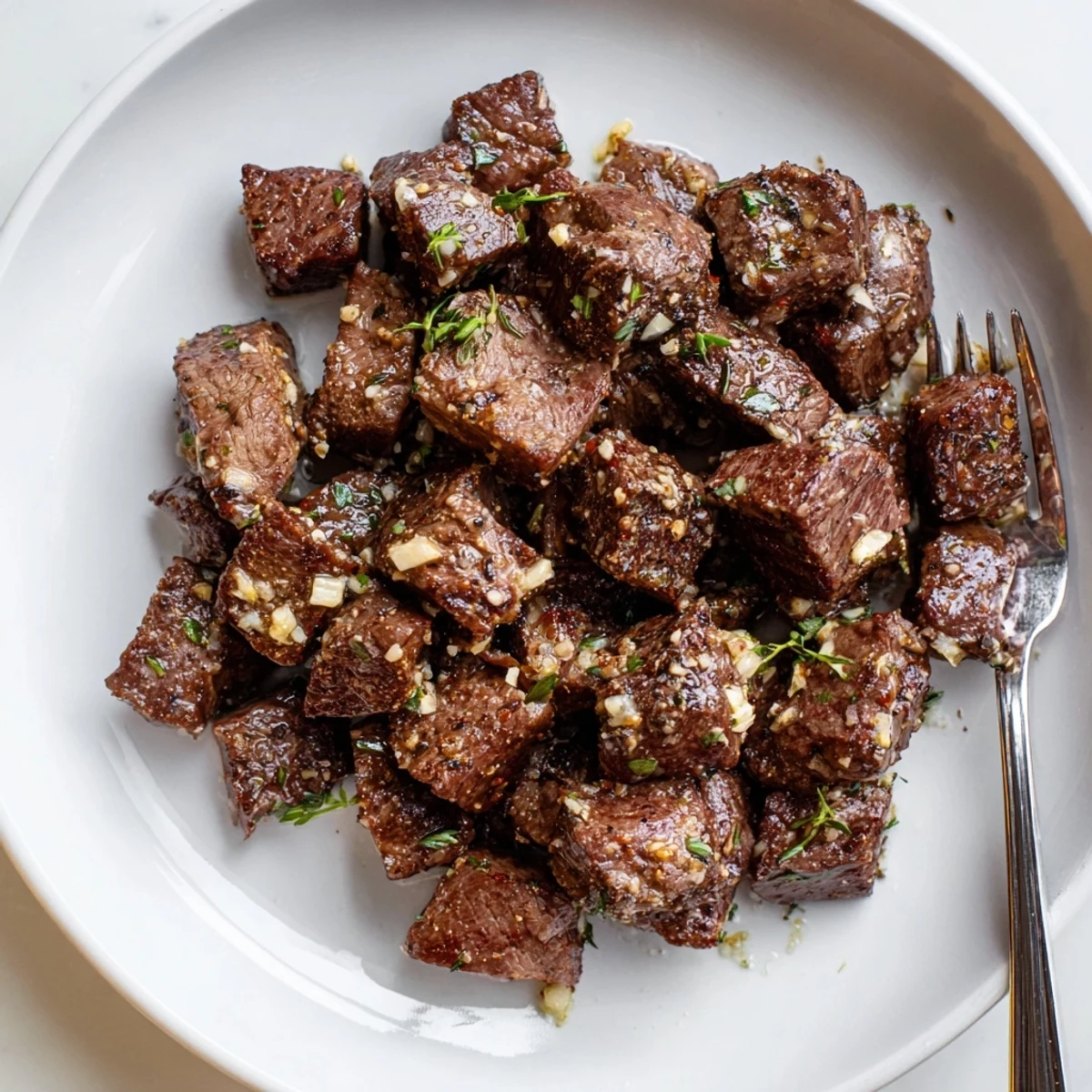 Garlic Butter Steak Bites glistening with browned crust, aromatic garlic butter, parsley garnish