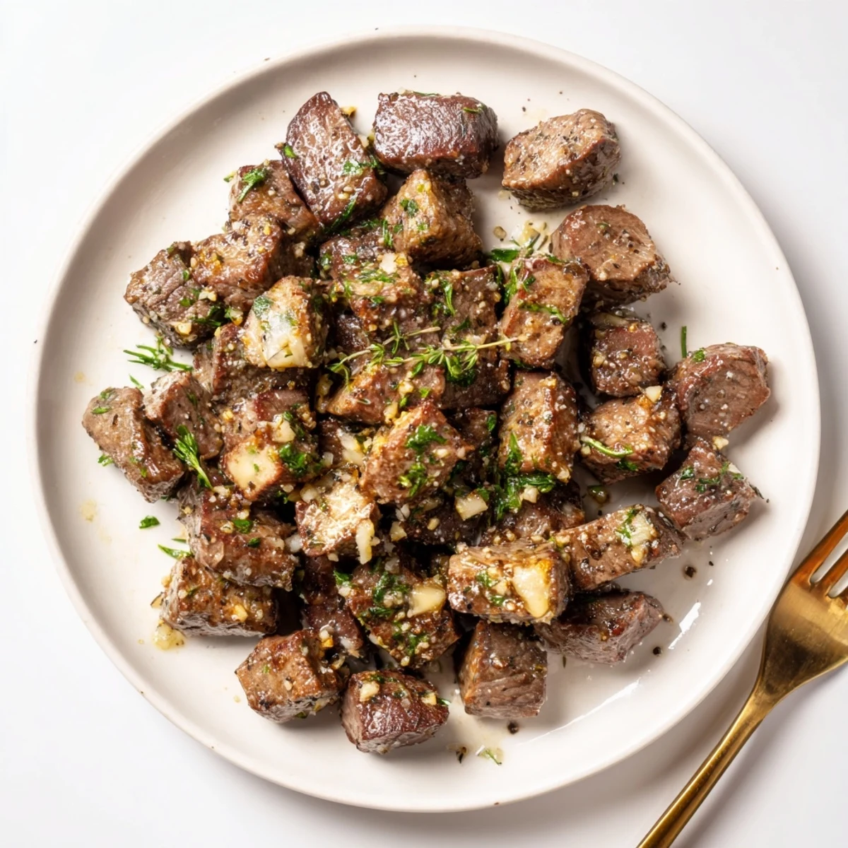 Weeknight Garlic Butter Steak Bites tossed in herb butter, perfect for mashed potatoes