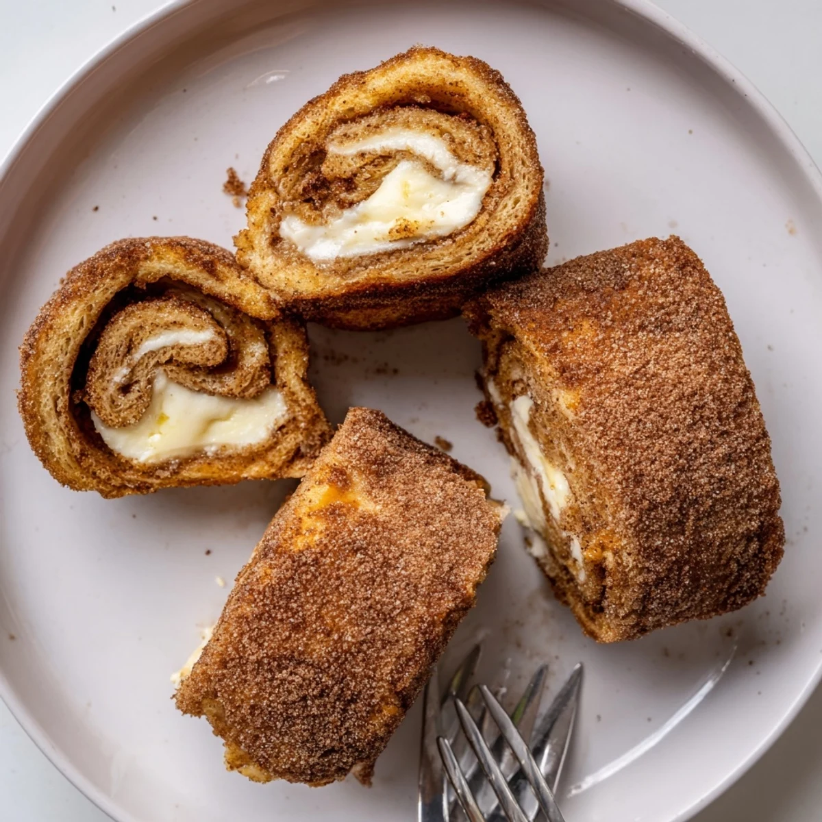Stacked Cinnamon Roll French Toast Roll Ups with cream cheese filling, maple drizzle