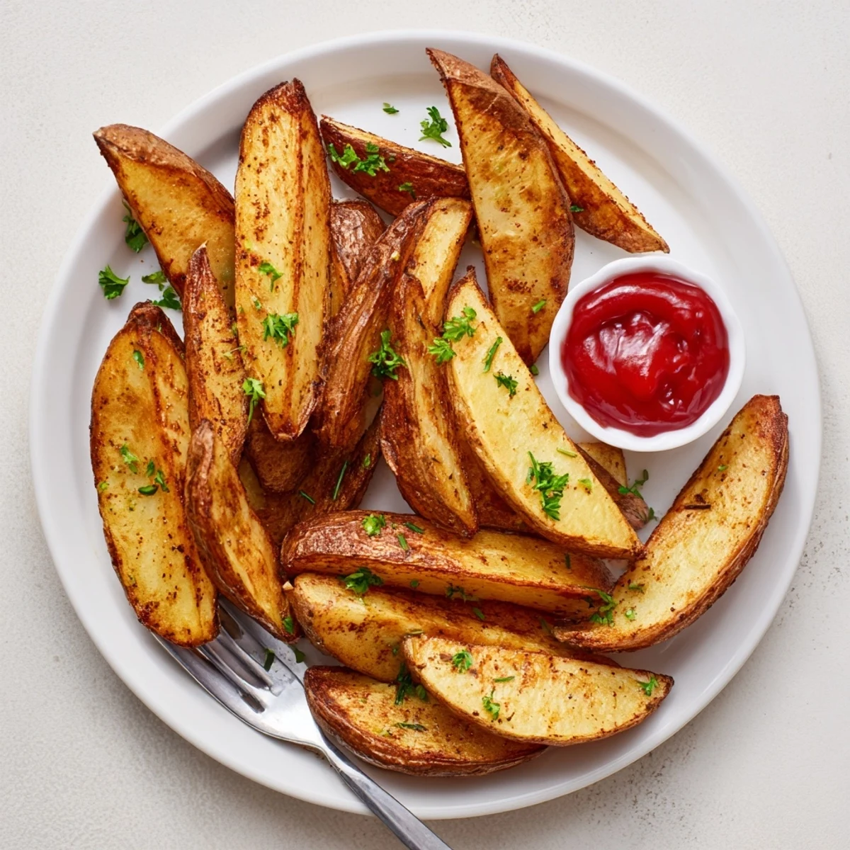 Seasoned Potato Wedges resting on parchment, ideal for dipping in ketchup