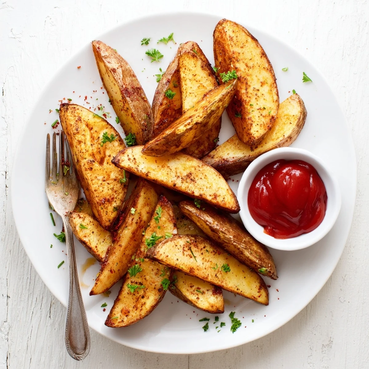 Crispy oven-baked Potato Wedges with golden edges and fluffy centers, sprinkled parsley