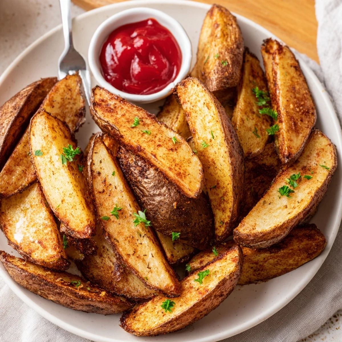 Hand-tossed Potato Wedges turning golden in oven, garlic and paprika aroma
