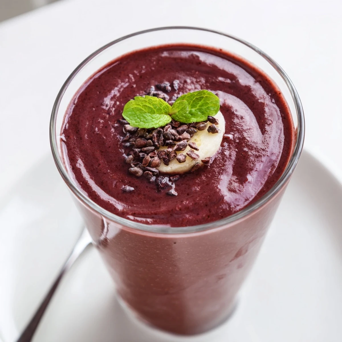 Two glasses of Chocolate Beet Smoothie on wooden board, garnished with mint.
