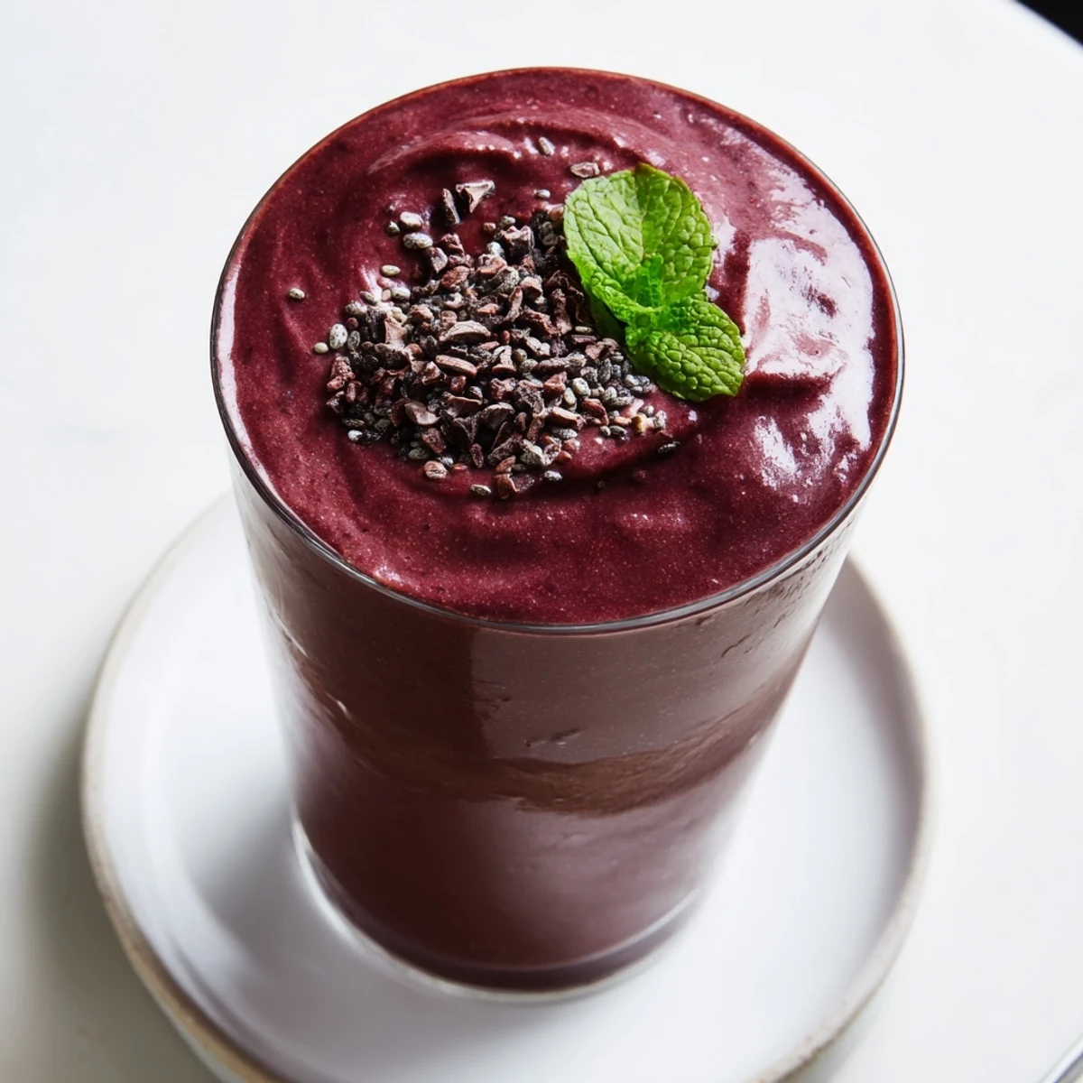 Chocolate Beet Smoothie in tall glass, creamy, earthy-sweet, topped with cacao nibs.