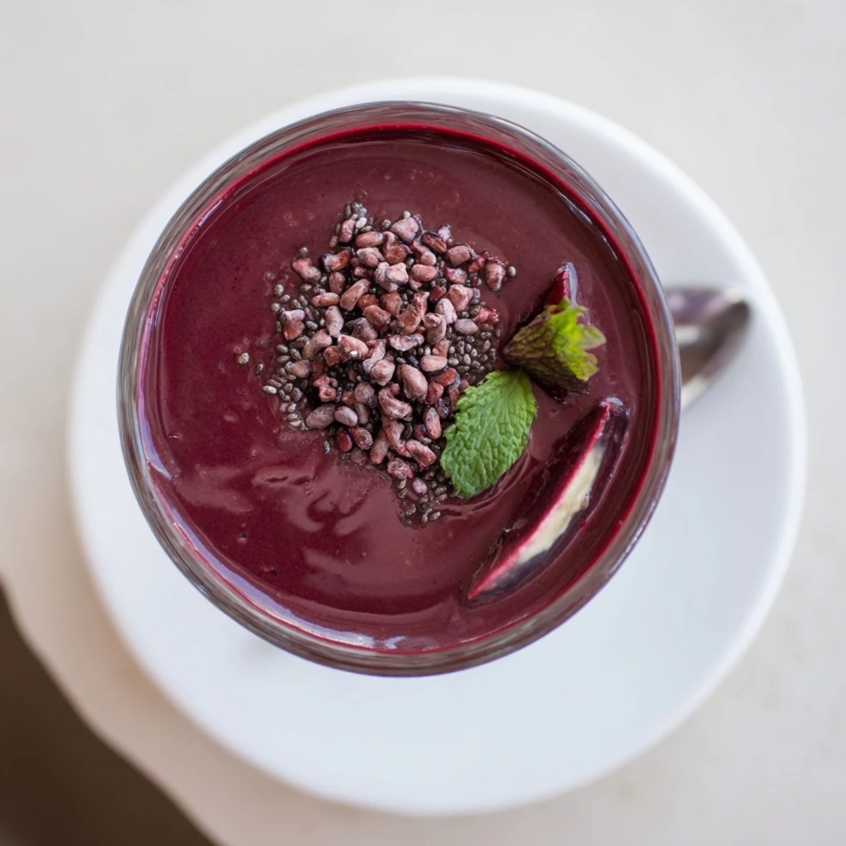 Chocolate Beet Smoothie being poured from blender, velvety texture, banana and beet.