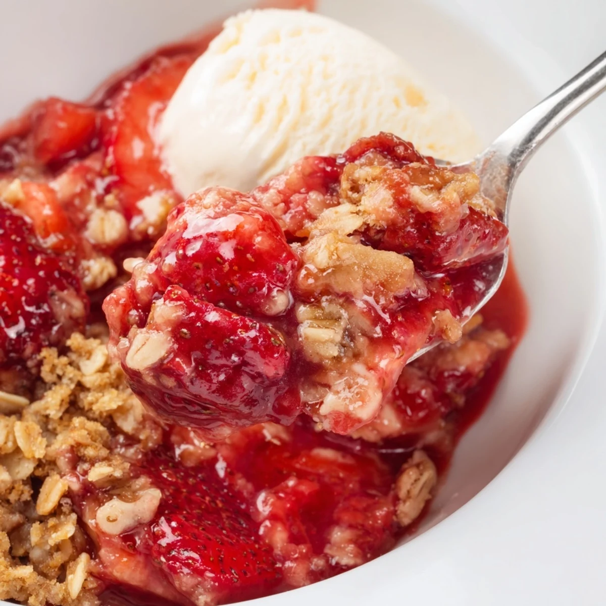 Fresh Strawberry Crisp Recipe topped with vanilla ice cream, juicy strawberries steaming.