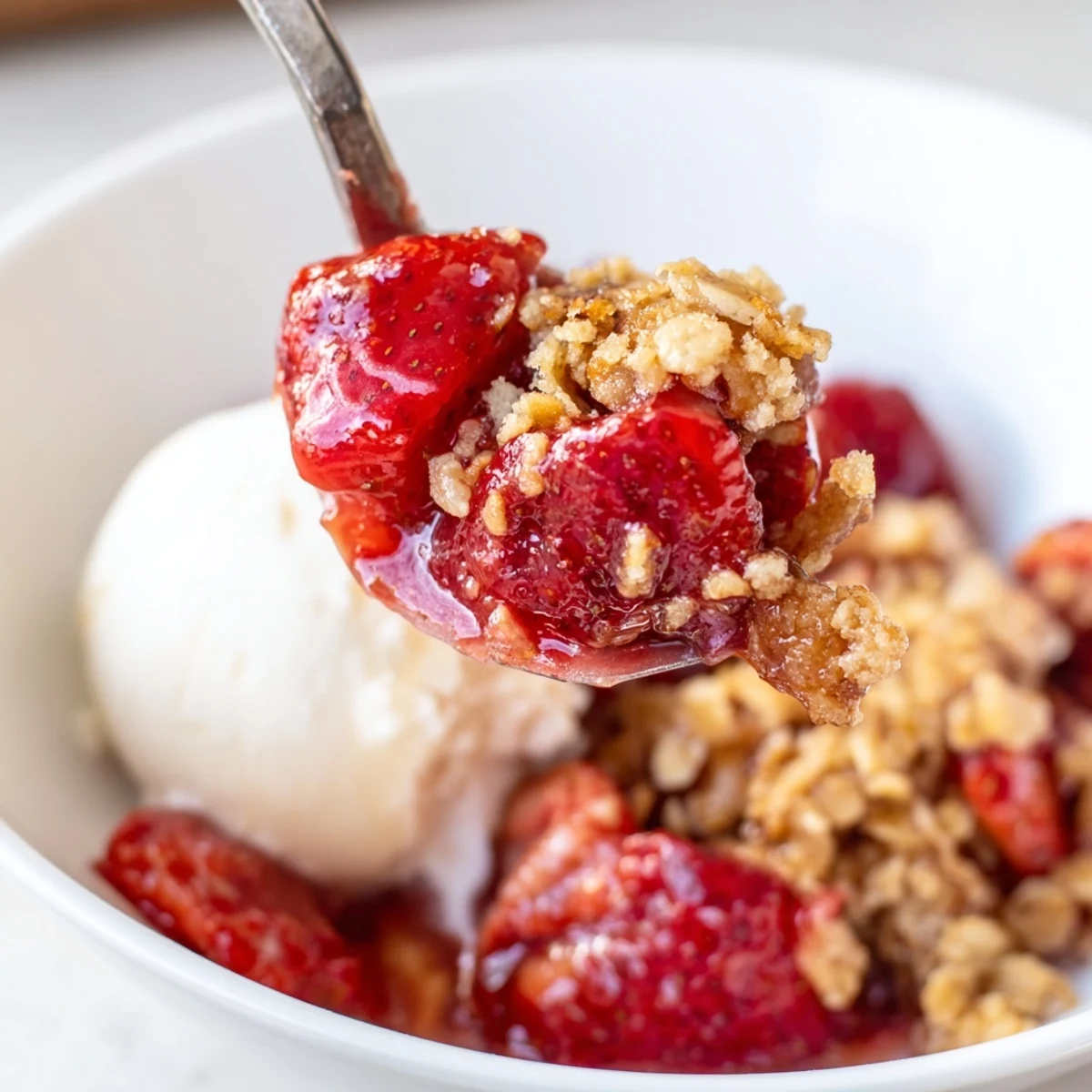 Warm, bubbling Fresh Strawberry Crisp Recipe with golden oat topping and steam.