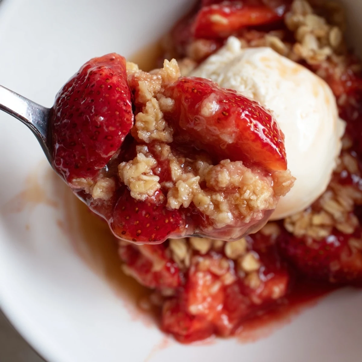 Baked Fresh Strawberry Crisp Recipe resting in dish, buttery oat crumble cooling.