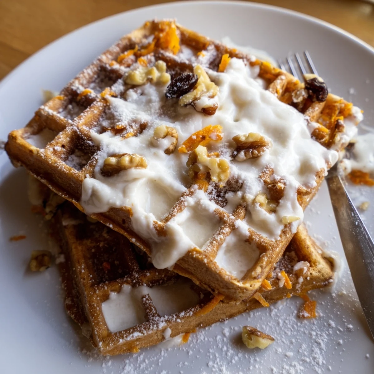 Carrot Cake Waffles steaming on plate, golden edges, spiced aroma, cream cheese glaze