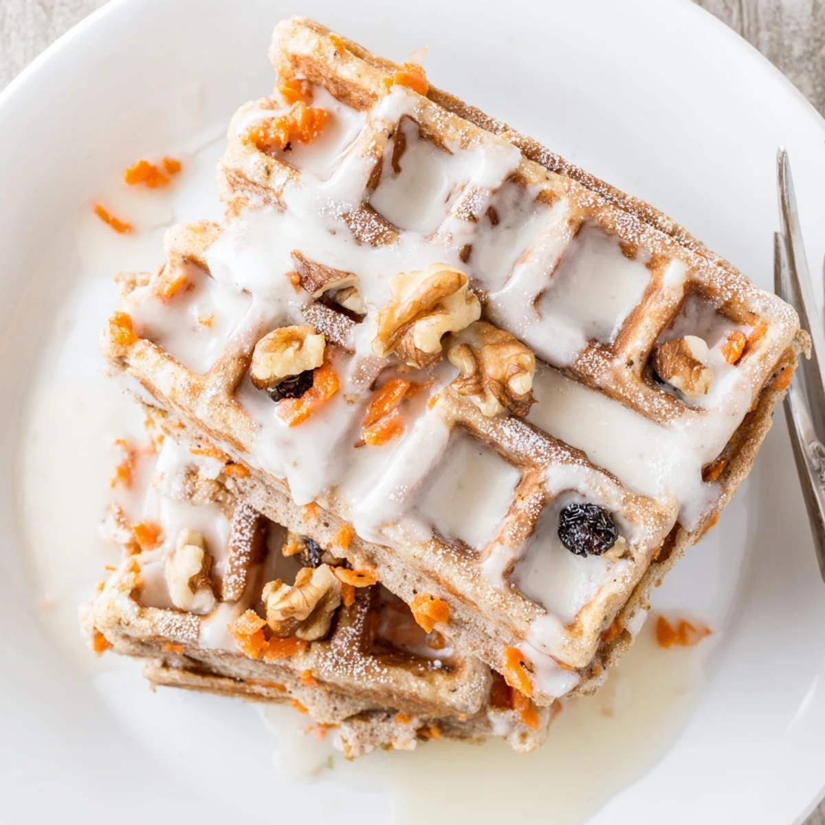 Stack of Carrot Cake Waffles topped with cream cheese glaze and chopped pecans