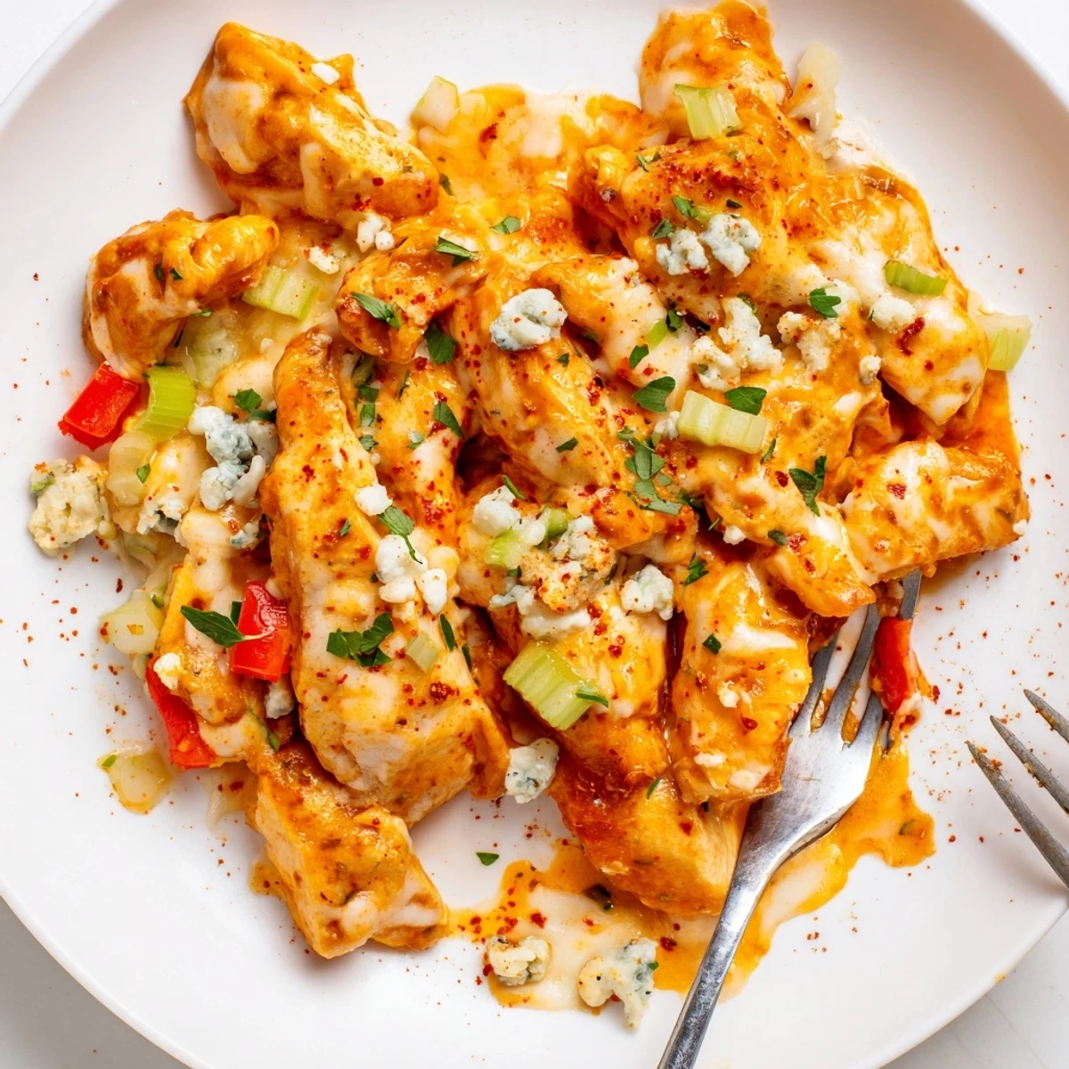 Keto Buffalo Chicken Skillet sizzling with spicy sauce, tender chicken and peppers.
