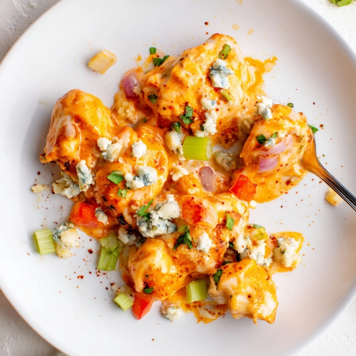 Creamy Keto Buffalo Chicken Skillet topped with melted mozzarella and crumbled blue cheese.
