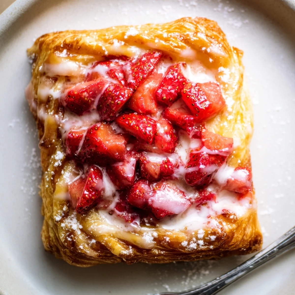 Fresh-baked Strawberry Danish Recipe, puff pastry puffed golden with glossy strawberry topping