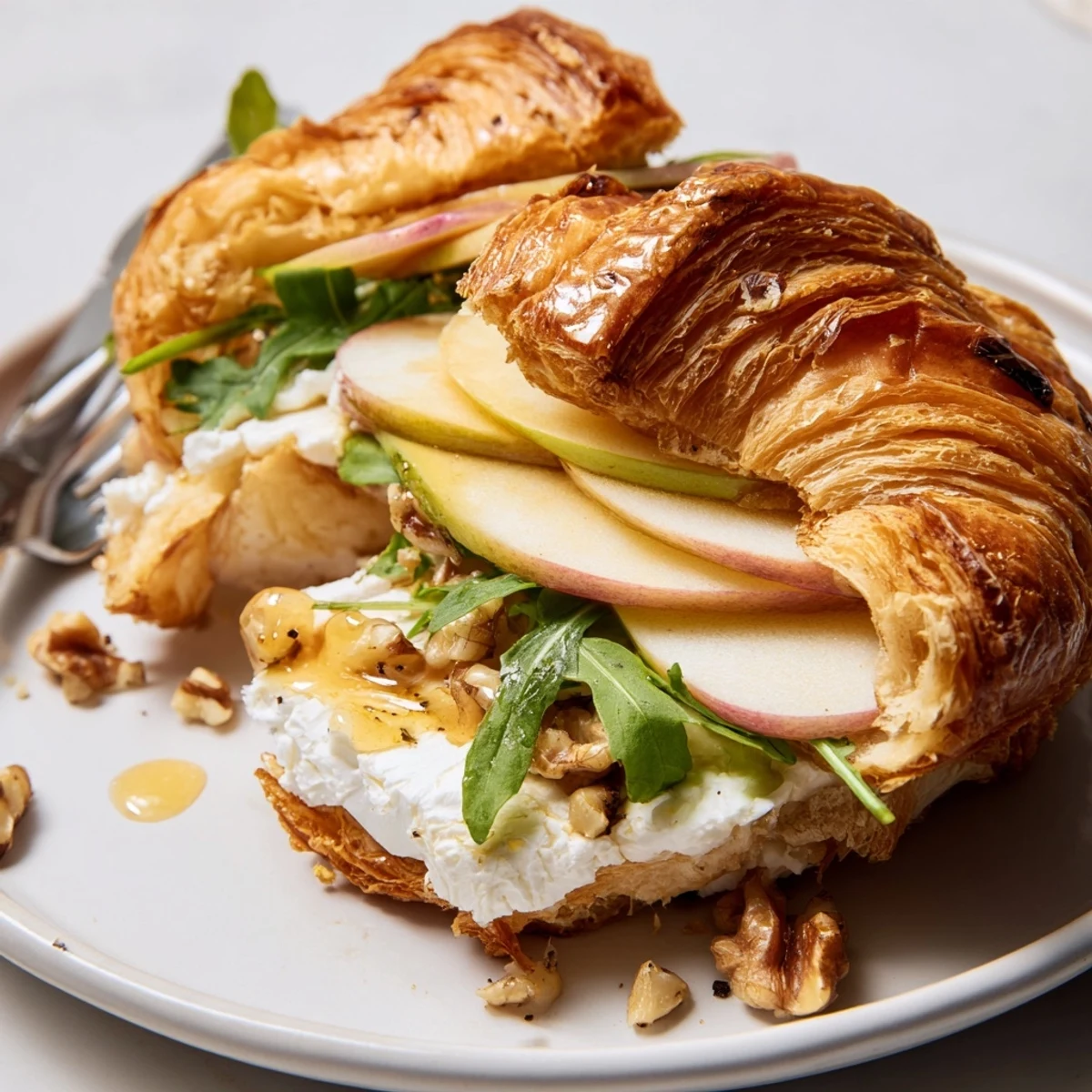 Buttery, flaky croissant filled with crisp apples and arugula — Apple Goat Cheese Croissant Sandwich