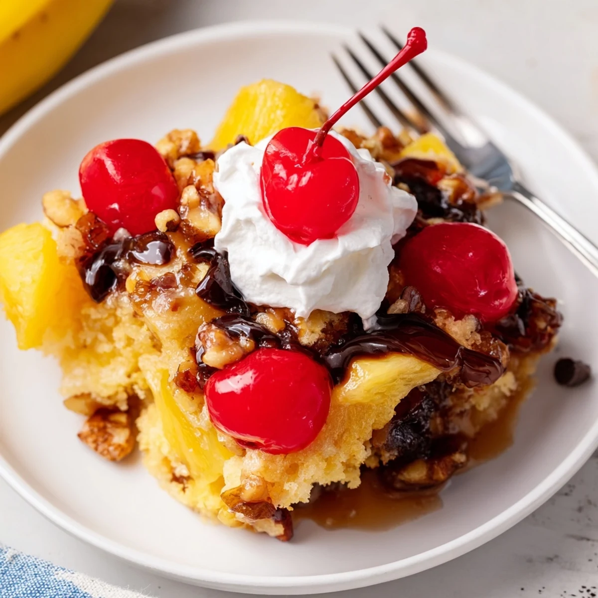 Warm Banana Split Dump Cake bubbling with chocolate chips and sliced bananas