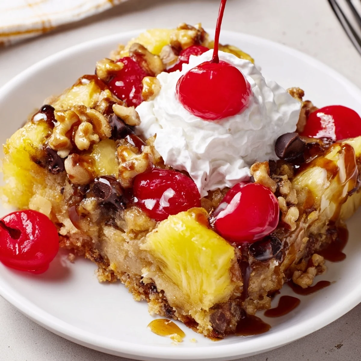 Baked Banana Split Dump Cake, golden top, served with vanilla ice cream