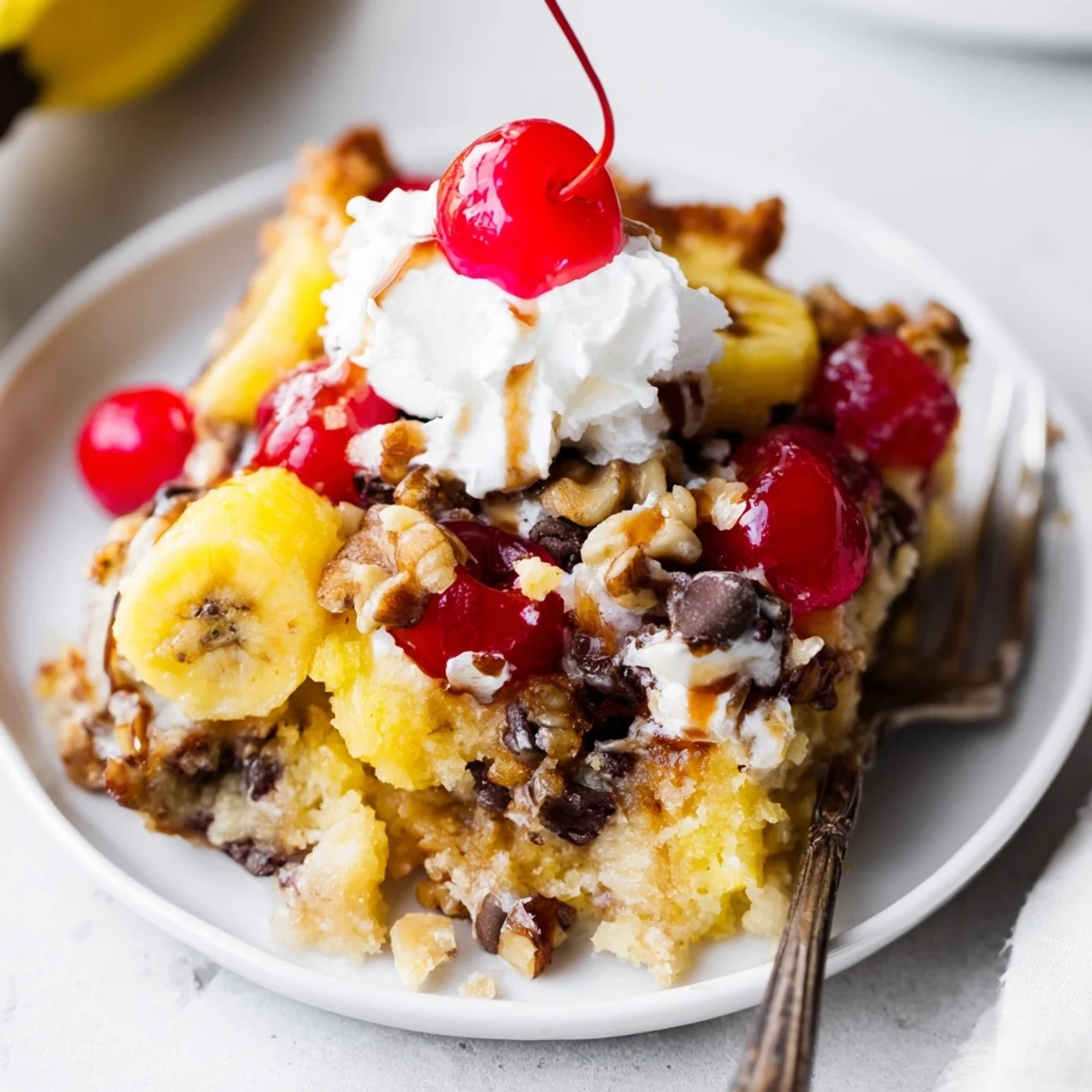 Sticky-sweet Banana Split Dump Cake releasing pineapple aroma, topped with cherries