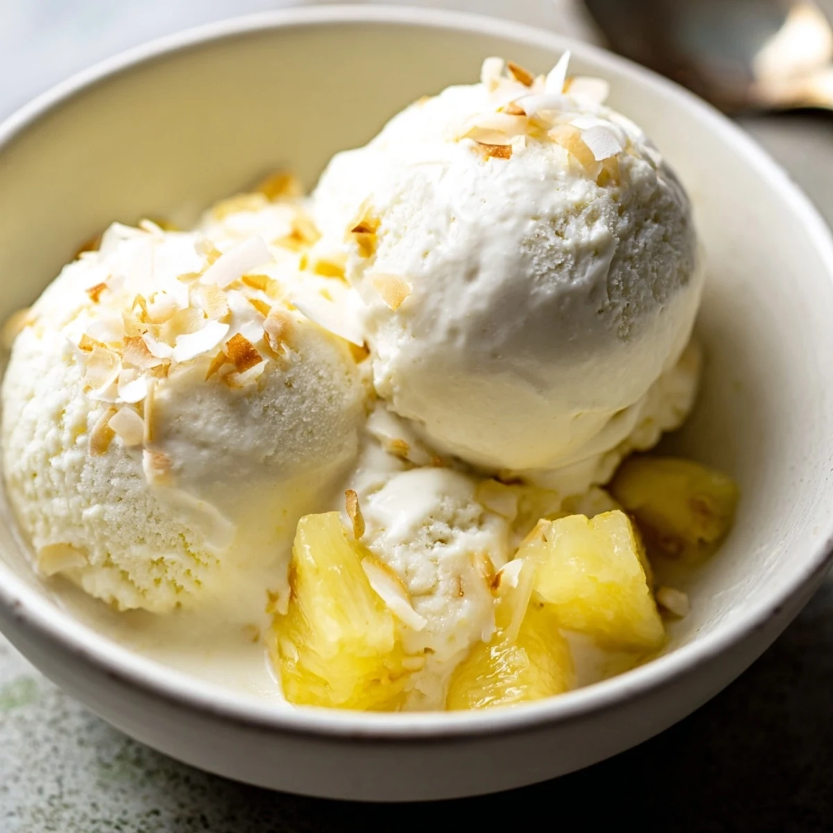 Close-up scoop of creamy, tropical Creamy Pineapple Ice Cream Recipe with toasted coconut