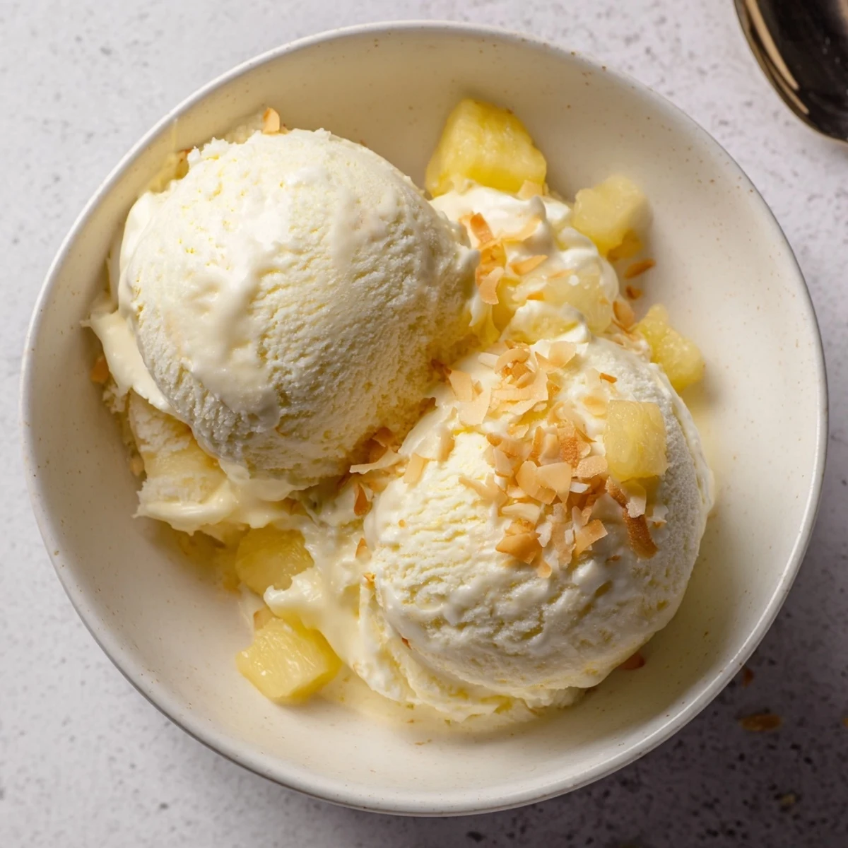 A chilled bowl of the Creamy Pineapple Ice Cream Recipe with bright lemon zest