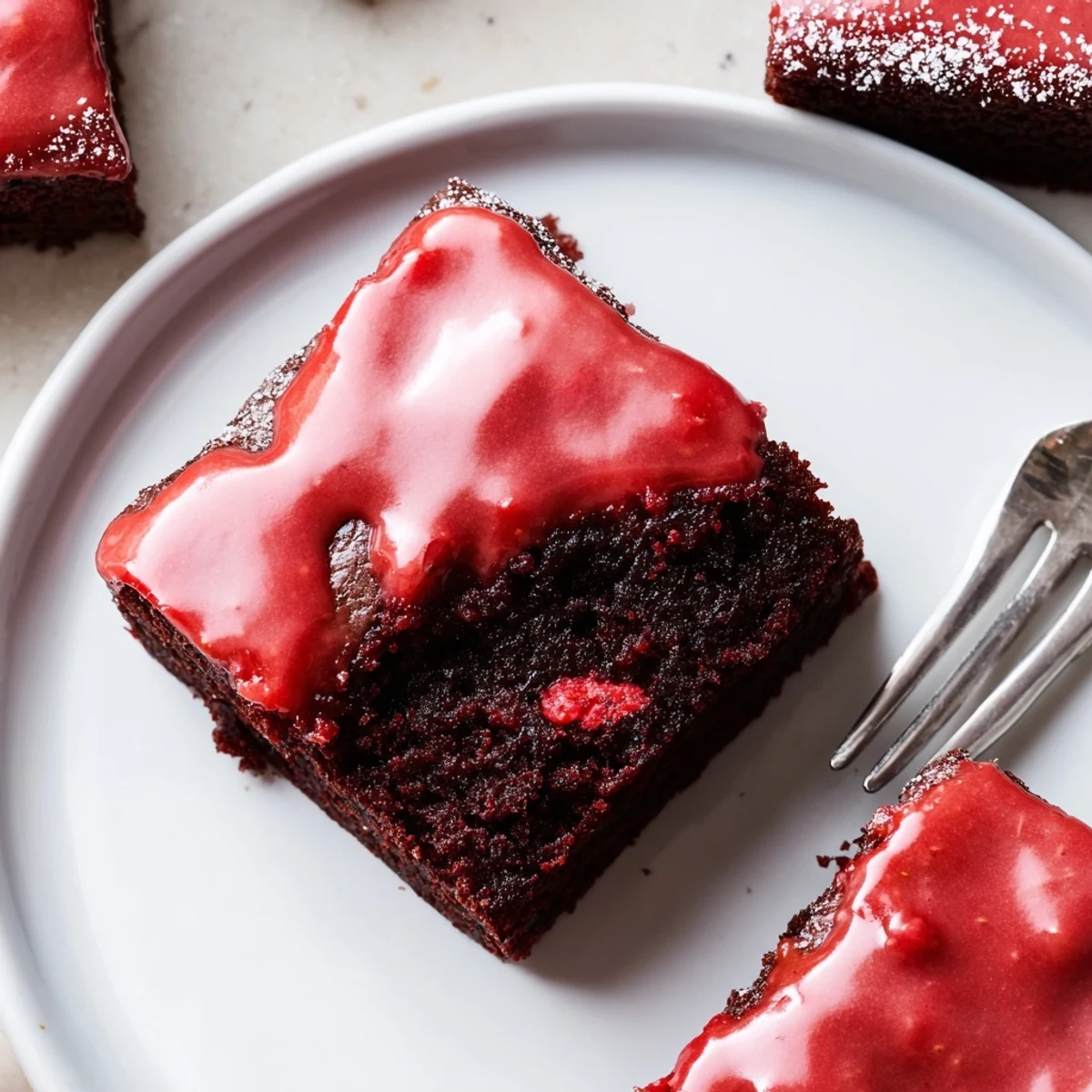 Strawberry Brownies Recipe: fudgy squares glazed with pink strawberry icing, ready to serve.