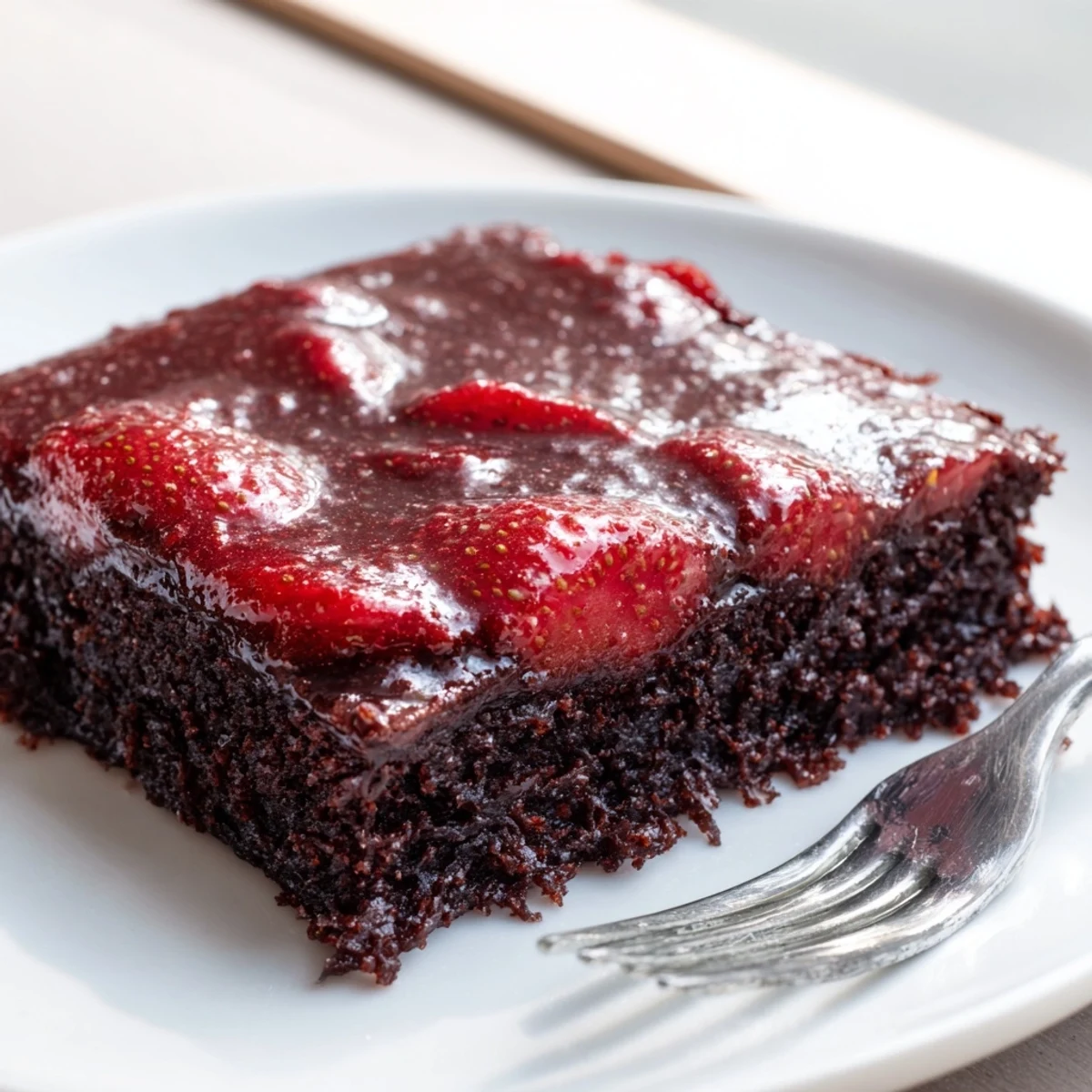 Homestyle Strawberry Brownies Recipe showing moist, slightly chocolatey center and powdered glaze.