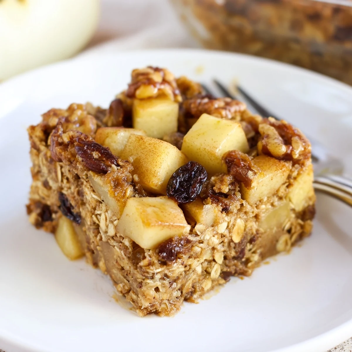 Fresh-baked Apple Cinnamon Oatmeal Bake slices on board, nutty texture visible