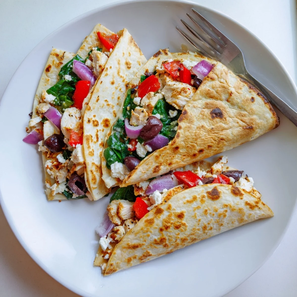 Crispy flour tortilla folded over seasoned chicken spinach roasted peppers and Kalamata olives