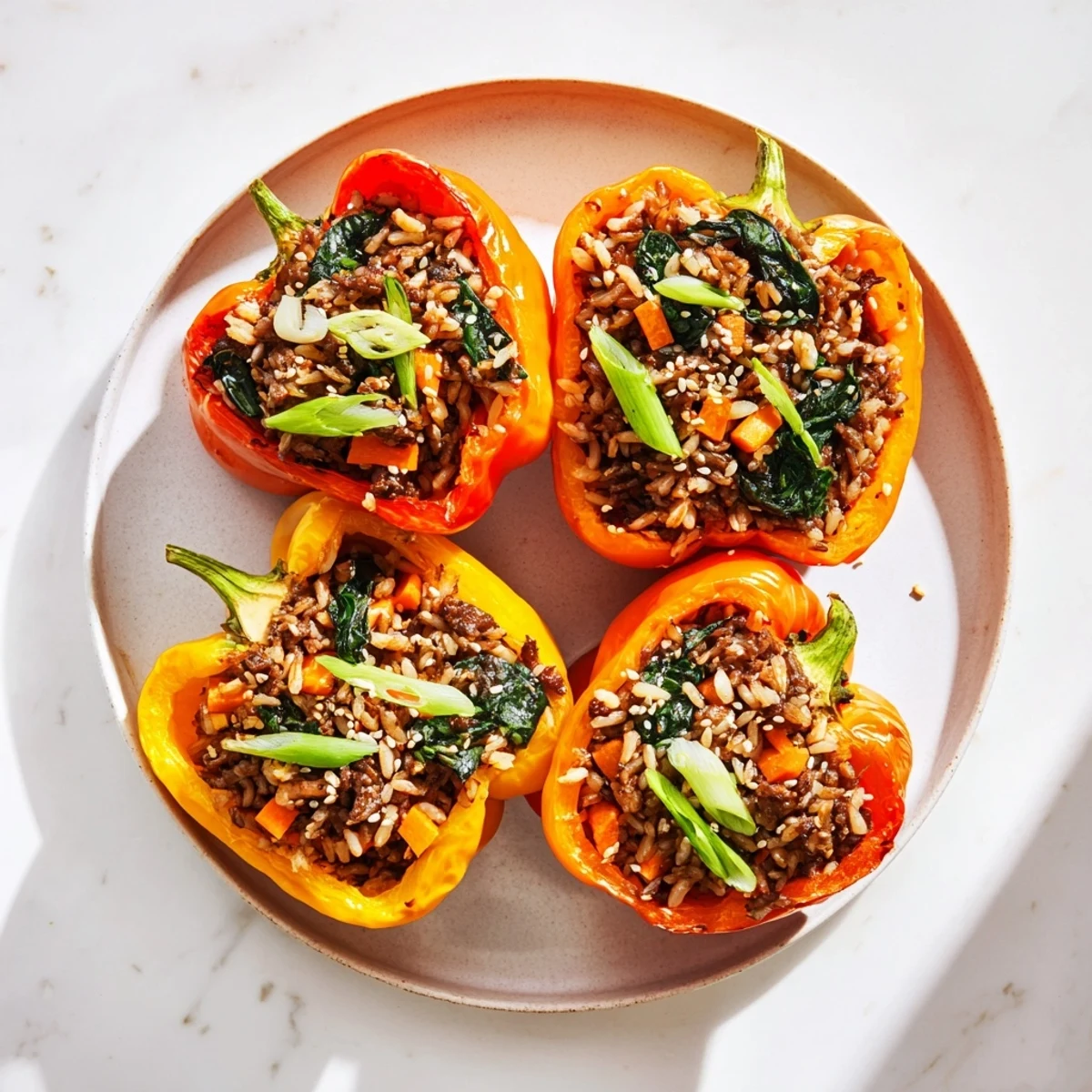 Vibrant roasted peppers filled with savory bulgogi beef and fluffy white rice