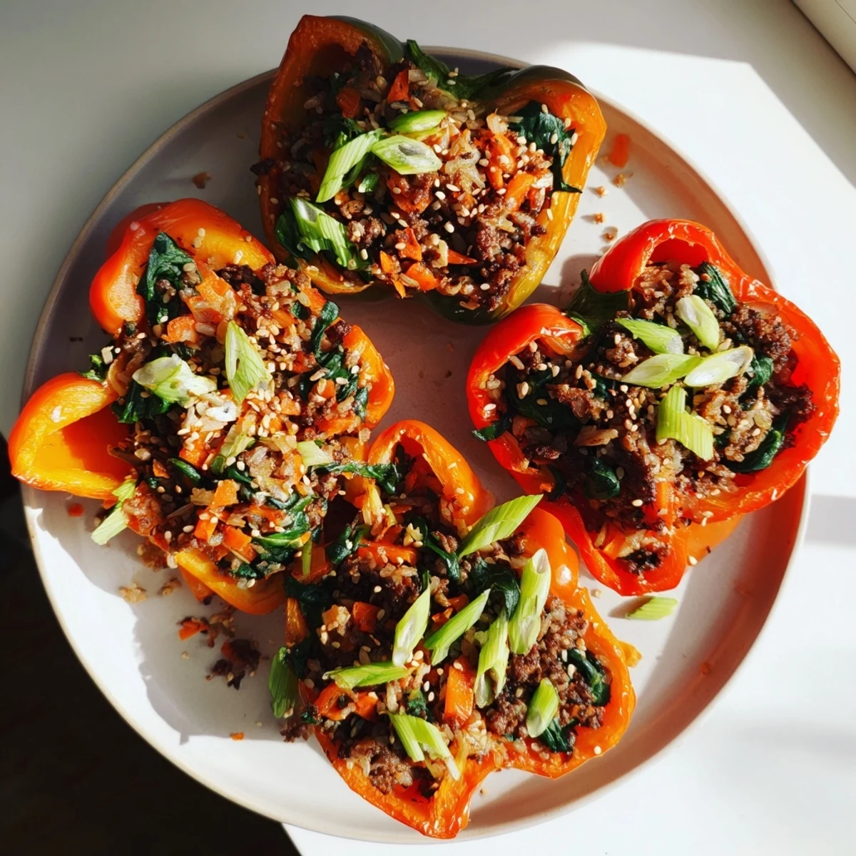 Golden brown Korean beef bulgogi stuffed bell peppers baked to tender perfection