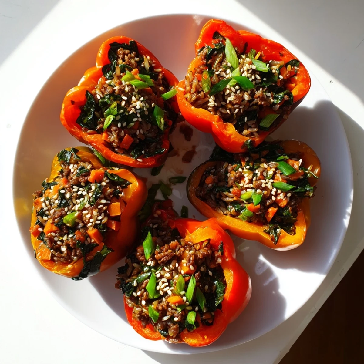 Savory Korean fusion stuffed peppers with seasoned ground beef and rice filling