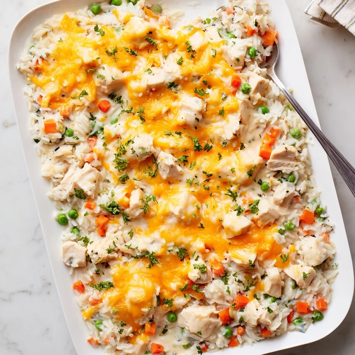 Golden creamy chicken and rice casserole baked with melted cheddar cheese topping