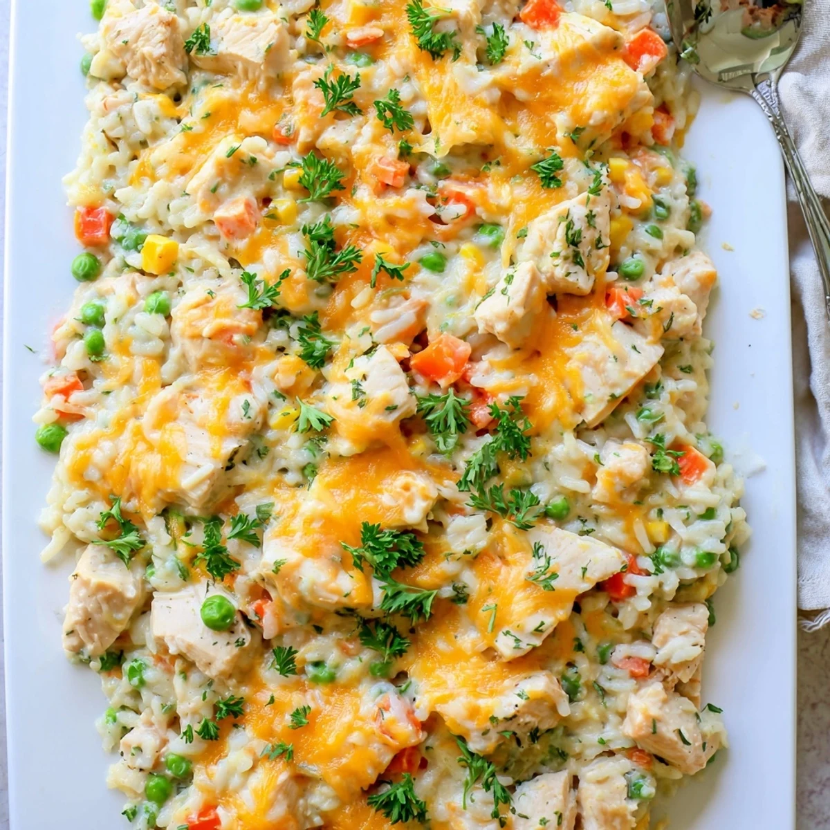 Comforting chicken and rice casserole featuring tender meat in rich bubbly cheese sauce