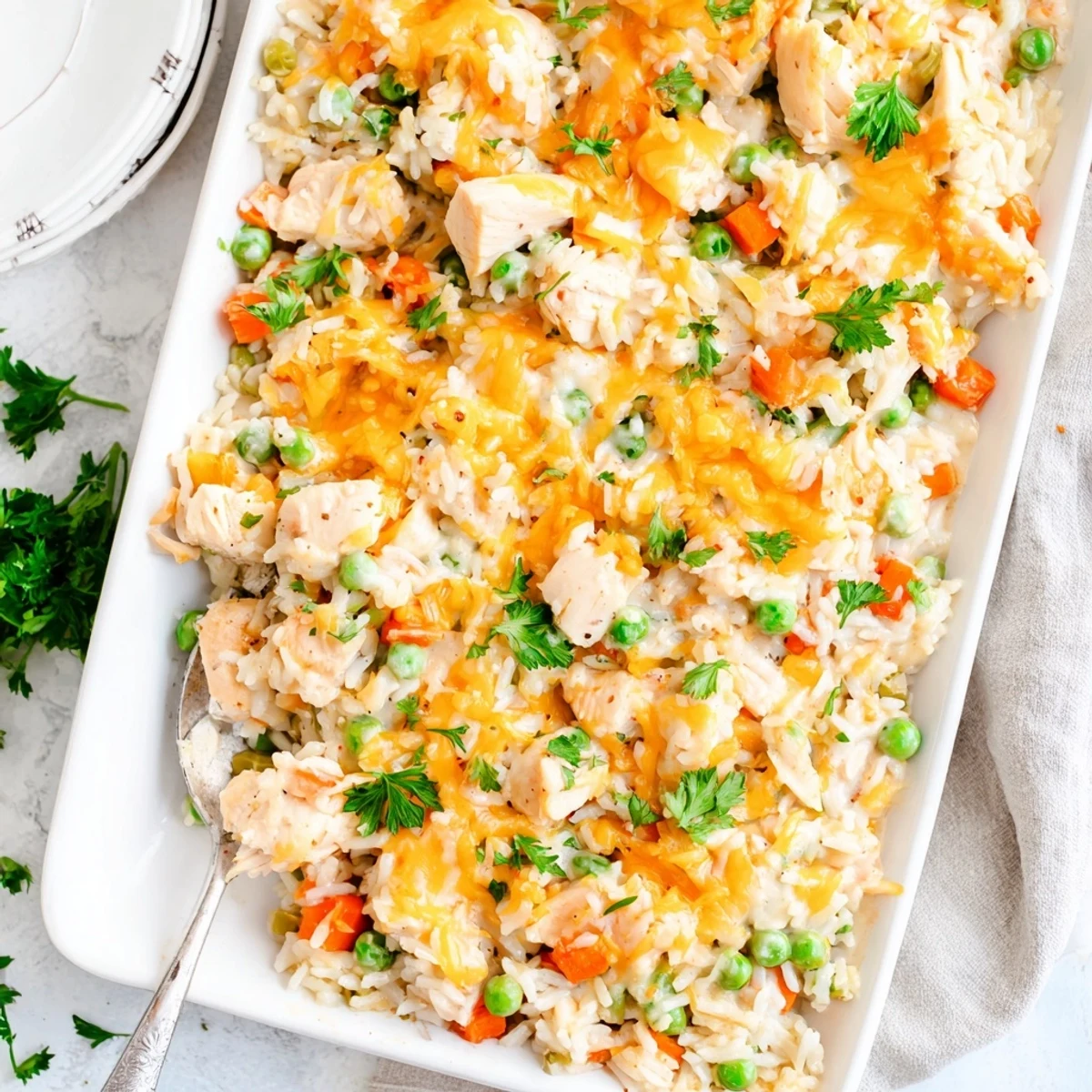 Savory chicken rice casserole with colorful peas and carrots under golden melted cheese
