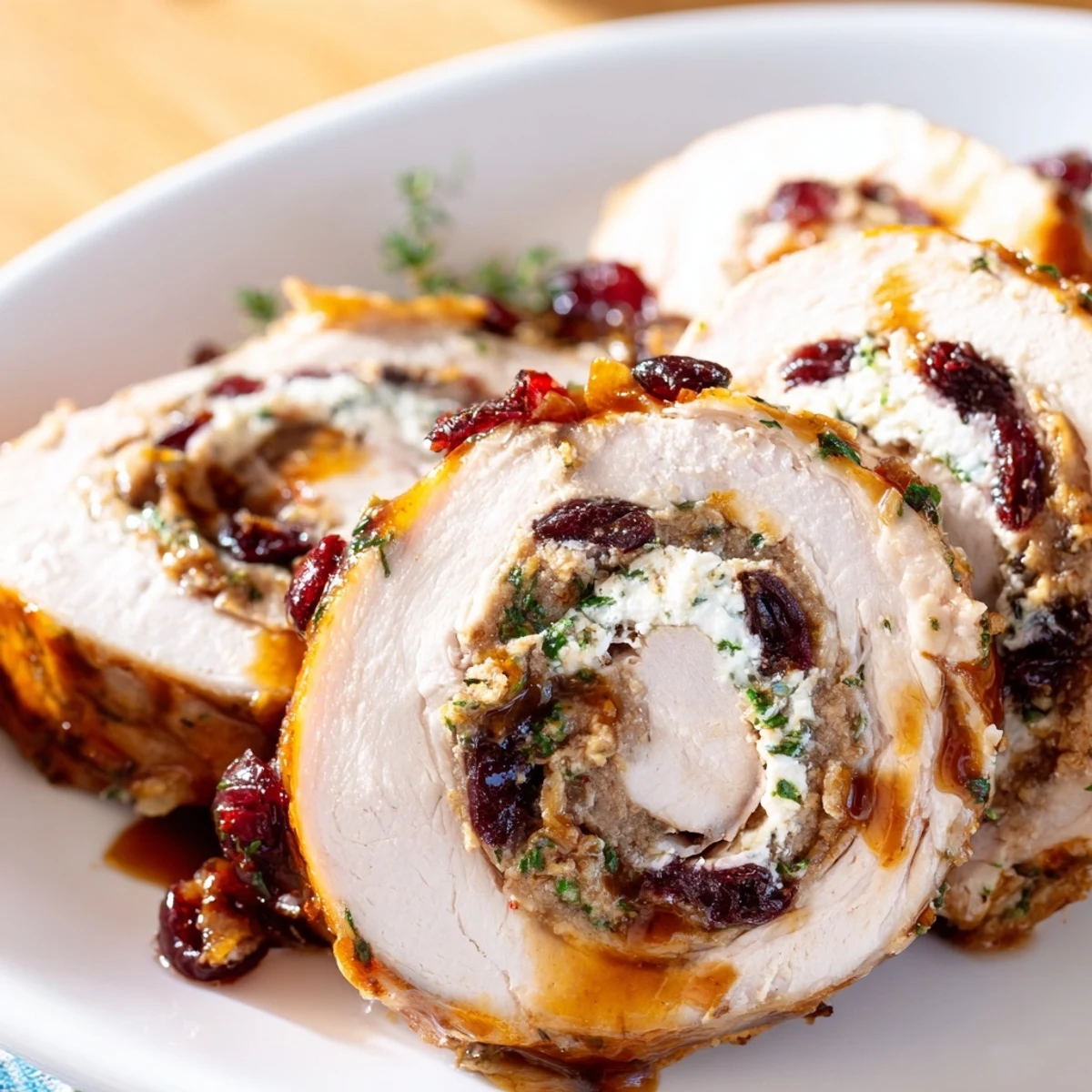 Golden roasted turkey breast slices revealing creamy goat cheese and vibrant cranberry filling