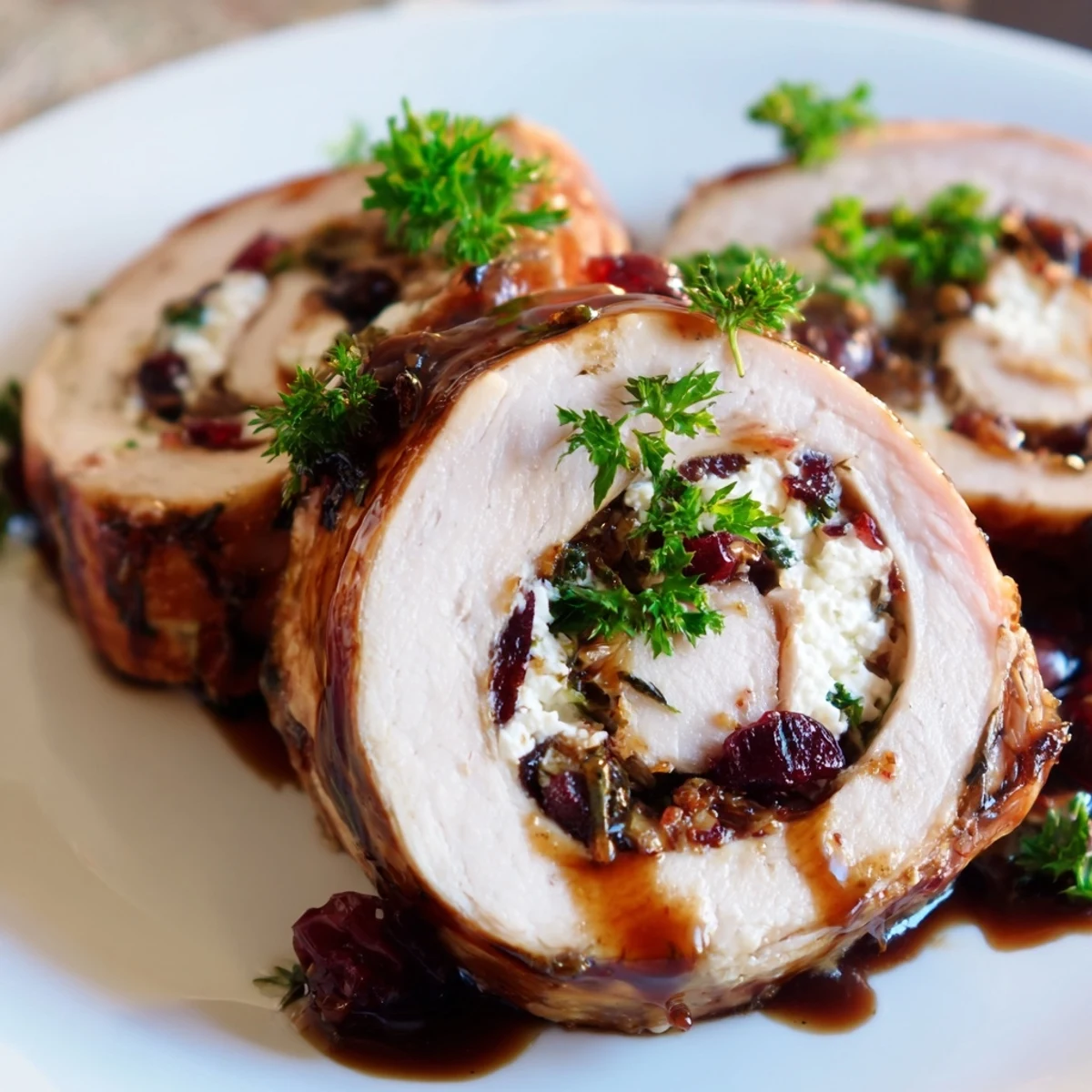 Honey glazed turkey roll stuffed with tangy cranberries and soft goat cheese center