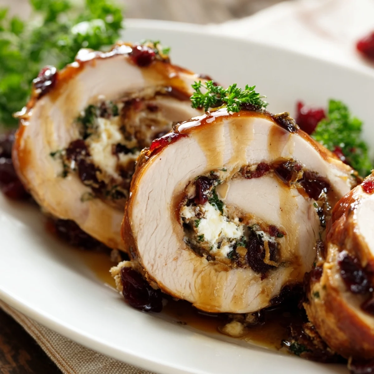 Festive stuffed turkey breast plated with glossy balsamic glaze and fresh herb garnish