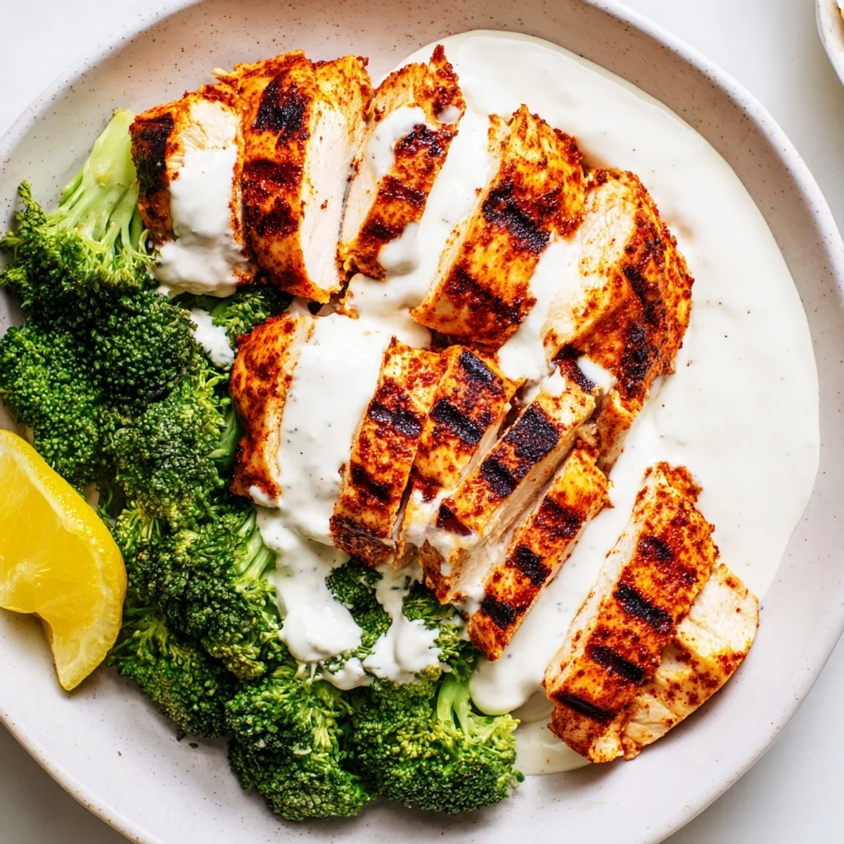 Healthy grilled chicken broccoli bowls drizzled with rich creamy garlic sauce over a wholesome grain base