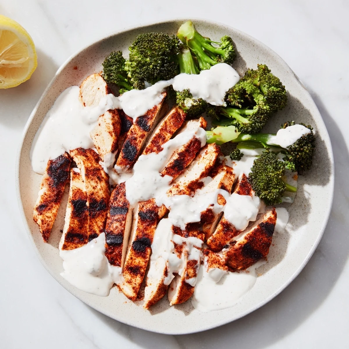 Tender sliced grilled chicken and crisp broccoli florets topped with luscious garlic yogurt sauce in a nutritious meal bowl